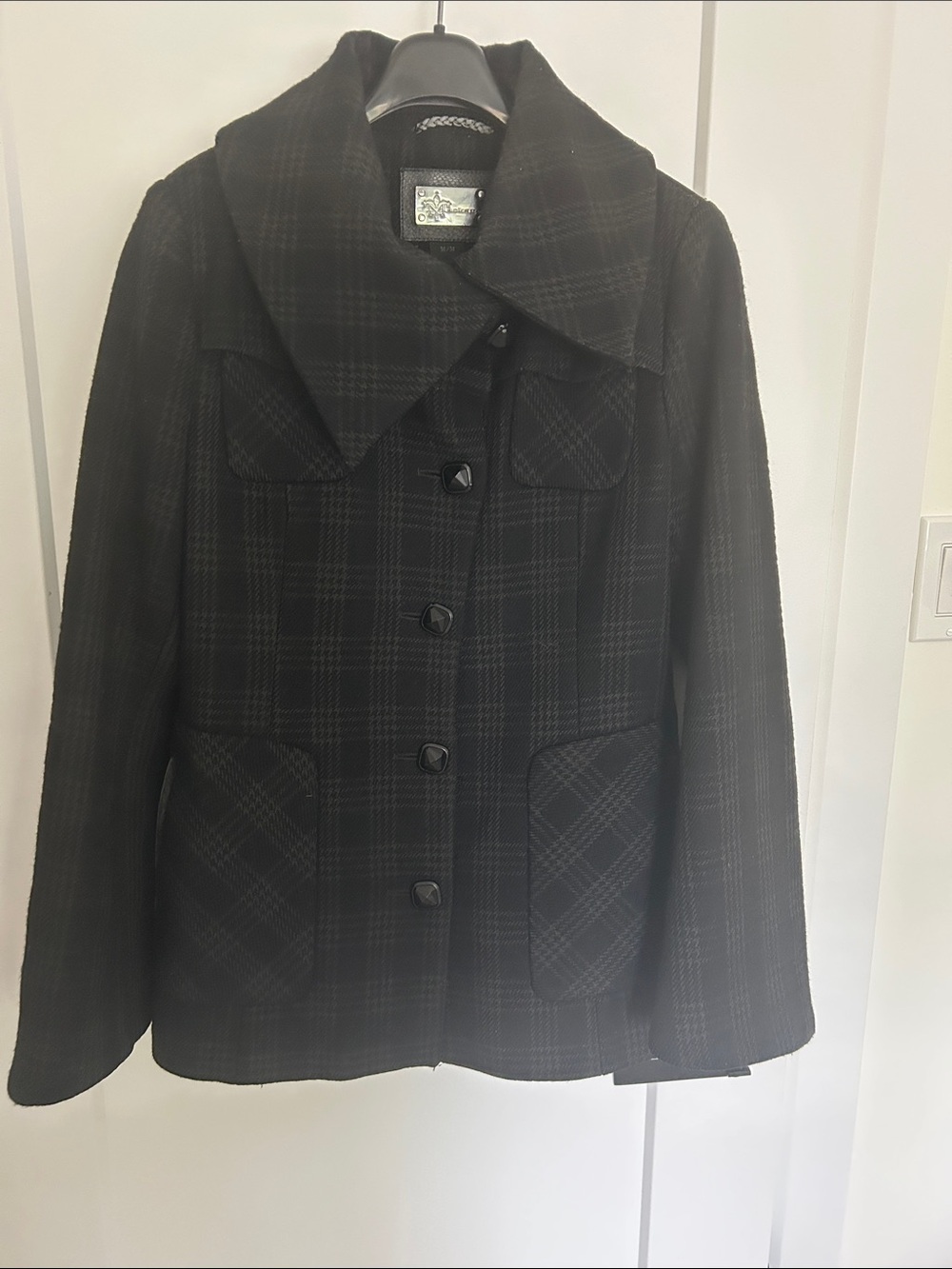 Mackage Black Plaid Pea Coat with Wide Collar, Bell Sleeves and leather accents
